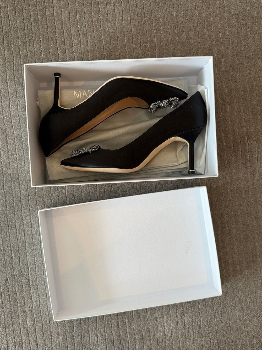 Manolo Blahnik Black Satin Hangisi Crystal-Embellished Pump - Picture 5 of 8